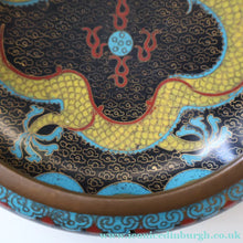 Load image into Gallery viewer, SMALLER Antique Chinese Cloisonne Shallow Bowl with Five-Toed Dragon and Flaming Pearl. 5 1/2 inches
