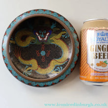 Load image into Gallery viewer, SMALLER Antique Chinese Cloisonne Shallow Bowl with Five-Toed Dragon and Flaming Pearl. 5 1/2 inches
