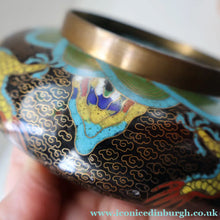 Load image into Gallery viewer, SMALLER Antique Chinese Cloisonne Shallow Bowl with Five-Toed Dragon and Flaming Pearl. 5 1/2 inches
