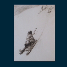 Load image into Gallery viewer, Cute Original Etching by EILEEN ALICE SOPER (1905 - 1990). Entitled Tobogganing  Signed in Pencil
