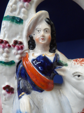 Load image into Gallery viewer, ANTIQUE Victorian 1880s Staffordshire Figurine. Pretty Little Shepherdess with Lamb Seated Under a Fruiting Bough
