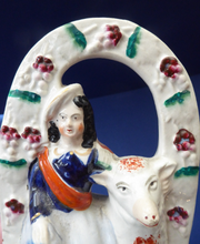 Load image into Gallery viewer, ANTIQUE Victorian 1880s Staffordshire Figurine. Pretty Little Shepherdess with Lamb Seated Under a Fruiting Bough
