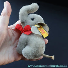 Load image into Gallery viewer, Miniature Steiff Miniature Elephant (EAN 1305/09) with Button Yellow Ribbon and Paper Label - Vintage Teddy Bear
