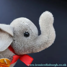 Load image into Gallery viewer, Miniature Steiff Miniature Elephant (EAN 1305/09) with Button Yellow Ribbon and Paper Label - Vintage Teddy Bear
