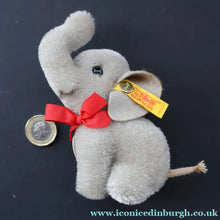Load image into Gallery viewer, Miniature Steiff Miniature Elephant (EAN 1305/09) with Button Yellow Ribbon and Paper Label - Vintage Teddy Bear
