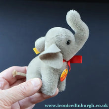 Load image into Gallery viewer, Miniature Steiff Miniature Elephant (EAN 1305/09) with Button Yellow Ribbon and Paper Label - Vintage Teddy Bear
