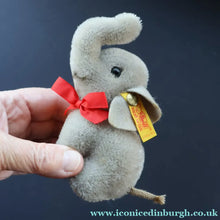 Load image into Gallery viewer, Miniature Steiff Miniature Elephant (EAN 1305/09) with Button Yellow Ribbon and Paper Label - Vintage Teddy Bear
