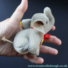 Load image into Gallery viewer, Miniature Steiff Miniature Elephant (EAN 1305/09) with Button Yellow Ribbon and Paper Label - Vintage Teddy Bear
