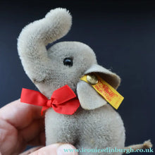 Load image into Gallery viewer, Miniature Steiff Miniature Elephant (EAN 1305/09) with Button Yellow Ribbon and Paper Label - Vintage Teddy Bear
