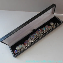 Load image into Gallery viewer, SILVER BRACELET with 36 Vintage SILVER and Enamel Towns Charms. Souvenirs of a Visit to the Town
