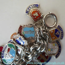 Load image into Gallery viewer, SILVER BRACELET with 36 Vintage SILVER and Enamel Towns Charms. Souvenirs of a Visit to the Town
