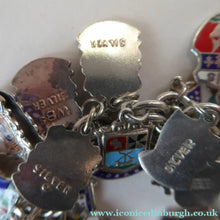 Load image into Gallery viewer, SILVER BRACELET with 36 Vintage SILVER and Enamel Towns Charms. Souvenirs of a Visit to the Town
