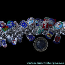 Load image into Gallery viewer, SILVER BRACELET with 36 Vintage SILVER and Enamel Towns Charms. Souvenirs of a Visit to the Town
