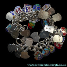 Load image into Gallery viewer, SILVER BRACELET with 36 Vintage SILVER and Enamel Towns Charms. Souvenirs of a Visit to the Town
