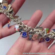 Load image into Gallery viewer, SILVER BRACELET with 36 Vintage SILVER and Enamel Towns Charms. Souvenirs of a Visit to the Town
