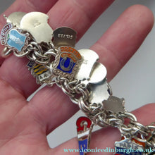 Load image into Gallery viewer, SILVER BRACELET with 36 Vintage SILVER and Enamel Towns Charms. Souvenirs of a Visit to the Town
