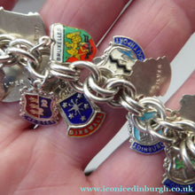 Load image into Gallery viewer, SILVER BRACELET with 36 Vintage SILVER and Enamel Towns Charms. Souvenirs of a Visit to the Town
