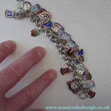 Load image into Gallery viewer, SILVER BRACELET with 36 Vintage SILVER and Enamel Towns Charms. Souvenirs of a Visit to the Town
