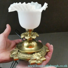 Load image into Gallery viewer, Antique Brass CLASSICAL Table Lamp with Shell &amp; Sunflower Motifs. MILK GLASS SHADE
