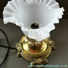 Load image into Gallery viewer, Antique Brass CLASSICAL Table Lamp with Shell &amp; Sunflower Motifs. MILK GLASS SHADE
