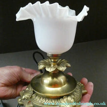 Load image into Gallery viewer, Antique Brass CLASSICAL Table Lamp with Shell &amp; Sunflower Motifs. MILK GLASS SHADE
