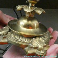 Load image into Gallery viewer, Antique Brass CLASSICAL Table Lamp with Shell &amp; Sunflower Motifs. MILK GLASS SHADE
