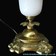 Load image into Gallery viewer, Antique Brass CLASSICAL Table Lamp with Shell &amp; Sunflower Motifs. MILK GLASS SHADE
