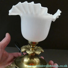 Load image into Gallery viewer, Antique Brass CLASSICAL Table Lamp with Shell &amp; Sunflower Motifs. MILK GLASS SHADE
