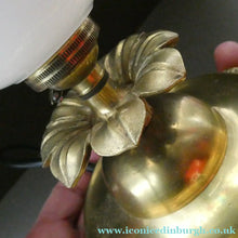 Load image into Gallery viewer, Antique Brass CLASSICAL Table Lamp with Shell &amp; Sunflower Motifs. MILK GLASS SHADE
