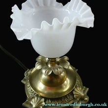 Load image into Gallery viewer, Antique Brass CLASSICAL Table Lamp with Shell &amp; Sunflower Motifs. MILK GLASS SHADE
