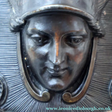 Load image into Gallery viewer, Strange Antique German Wall Pocket Match Holder. Cast Iron with Head of a Valkyrie 
