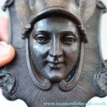 Load image into Gallery viewer, Strange Antique German Wall Pocket Match Holder. Cast Iron with Head of a Valkyrie 
