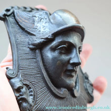 Load image into Gallery viewer, Strange Antique German Wall Pocket Match Holder. Cast Iron with Head of a Valkyrie 
