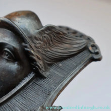 Load image into Gallery viewer, Strange Antique German Wall Pocket Match Holder. Cast Iron with Head of a Valkyrie 

