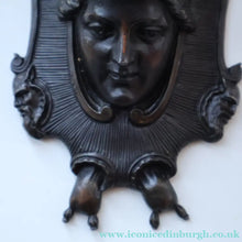 Load image into Gallery viewer, Strange Antique German Wall Pocket Match Holder. Cast Iron with Head of a Valkyrie 
