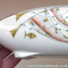 Load image into Gallery viewer, Strange FOLEY China Candle Holder Dish. Designed by Maureen Tanner. Rare PISCATORI (Fish) Pattern; 1960s
