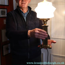 Load image into Gallery viewer, Vintage BRUTALIST / ART DECO Brass Table Lamp with Opaque Cream Star Globe Glass Shade

