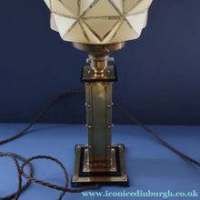 Load image into Gallery viewer, Strange Vintage BRUTALIST / ART DECO Brass Table Lamp with Opaque Cream Star Globe Glass Shade - Vintage Table Lamp

