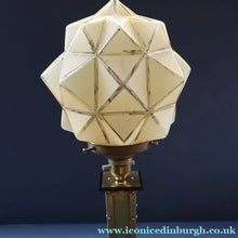 Load image into Gallery viewer, Vintage BRUTALIST / ART DECO Brass Table Lamp with Opaque Cream Star Globe Glass Shade
