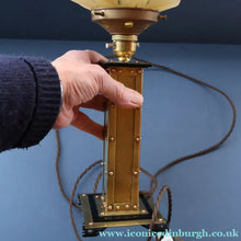 Load image into Gallery viewer, Vintage BRUTALIST / ART DECO Brass Table Lamp with Opaque Cream Star Globe Glass Shade
