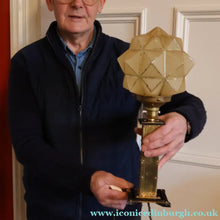Load image into Gallery viewer, Vintage BRUTALIST / ART DECO Brass Table Lamp with Opaque Cream Star Globe Glass Shade
