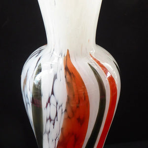 ITALIAN 1960s Glass Vase. Hand Blown with Mottled White Body and Red and Black Striped Inclusions