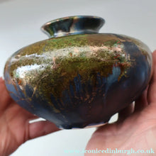 Load image into Gallery viewer, STUDIO POTTERY. Collectable 1980s Squat Vase with Stunning Lustre Glazes by Tony Laverick (b.1961). SIGNED
