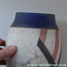 Load image into Gallery viewer, STUDIO POTTERY. David Howard Jones (b. 1953). 1980s Raku Vase with Crackle Glaze and Abstract Decoration
