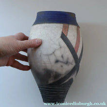 Load image into Gallery viewer, STUDIO POTTERY. David Howard Jones (b. 1953). 1980s Raku Vase with Crackle Glaze and Abstract Decoration
