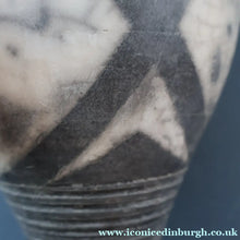 Load image into Gallery viewer, STUDIO POTTERY. David Howard Jones (b. 1953). 1980s Raku Vase with Crackle Glaze and Abstract Decoration
