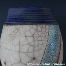 Load image into Gallery viewer, STUDIO POTTERY. David Howard Jones (b. 1953). 1980s Raku Vase with Crackle Glaze and Abstract Decoration
