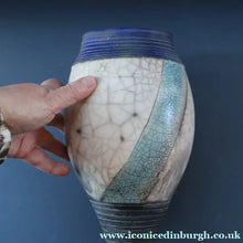 Load image into Gallery viewer, STUDIO POTTERY. David Howard Jones (b. 1953). 1980s Raku Vase with Crackle Glaze and Abstract Decoration

