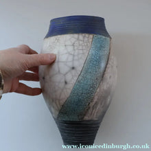 Load image into Gallery viewer, STUDIO POTTERY. David Howard Jones (b. 1953). 1980s Raku Vase with Crackle Glaze and Abstract Decoration
