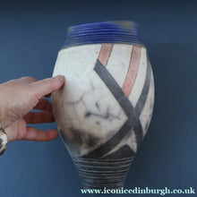 Load image into Gallery viewer, STUDIO POTTERY. David Howard Jones (b. 1953). 1980s Raku Vase with Crackle Glaze and Abstract Decoration
